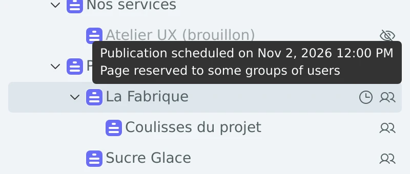Editor navigator: pages below a reserved page show a users icon; La Fabrique also shows a clock, and its tooltip reads Publication scheduled on Nov 2, 2026 and Page reserved to some groups of users