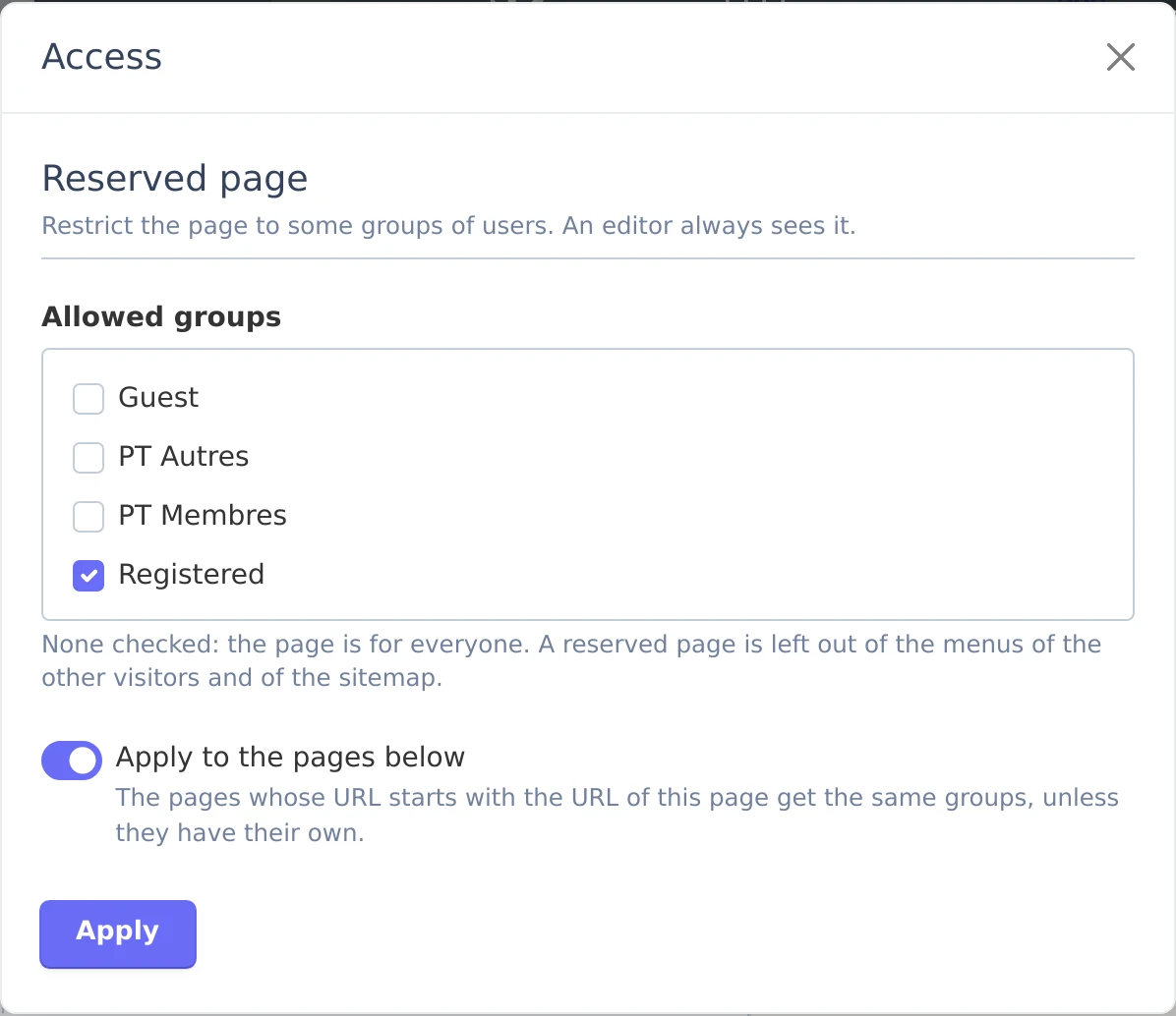 Access popup of a page: allowed groups of users, and the Apply to the pages below switch